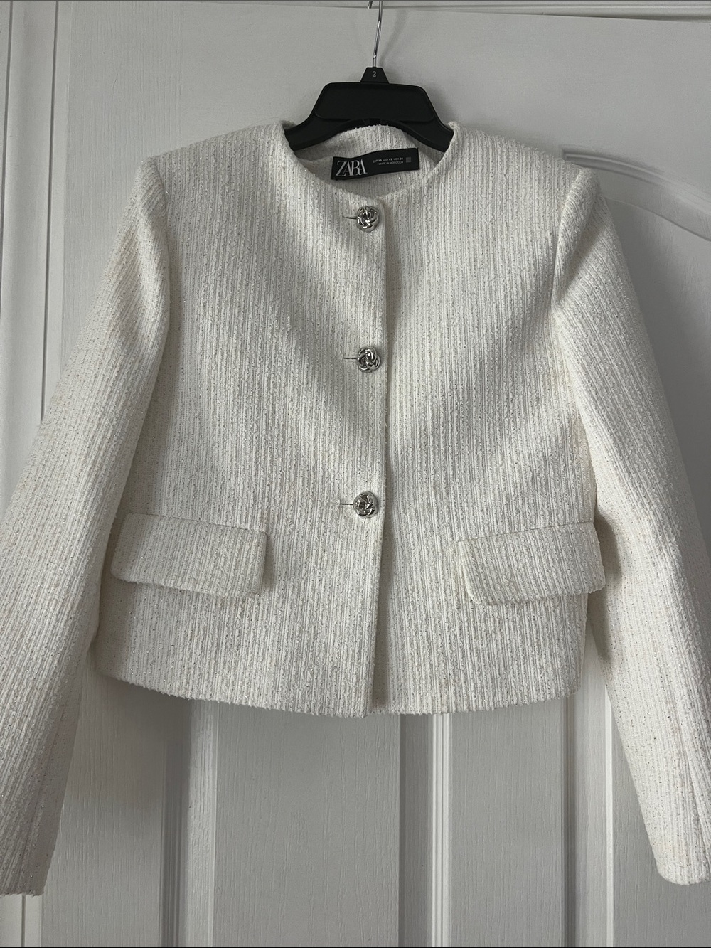 Zara Cream Bouclé Cropped Blazer with Decorative Buttons